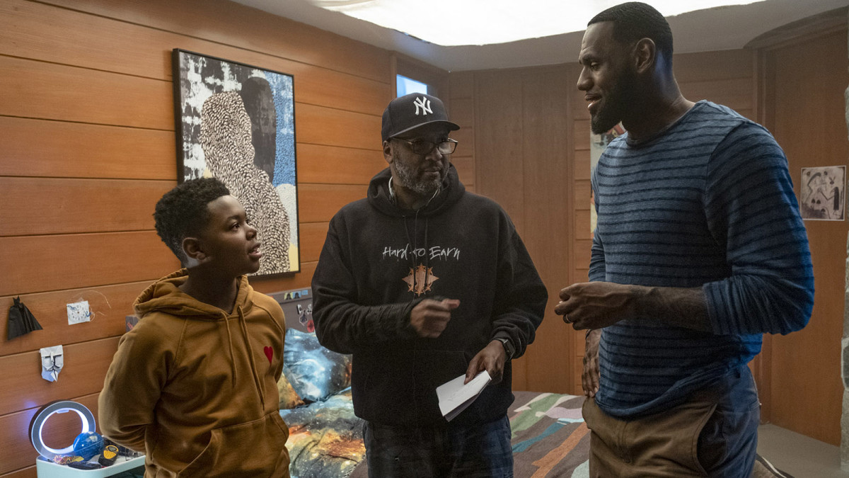 (L-r) Cedric Joe, Director Malcolm D. Lee and LeBron James on the set of  “SPACE JAM: A NEW LEGACY,” a Warner Bros. Pictures release.